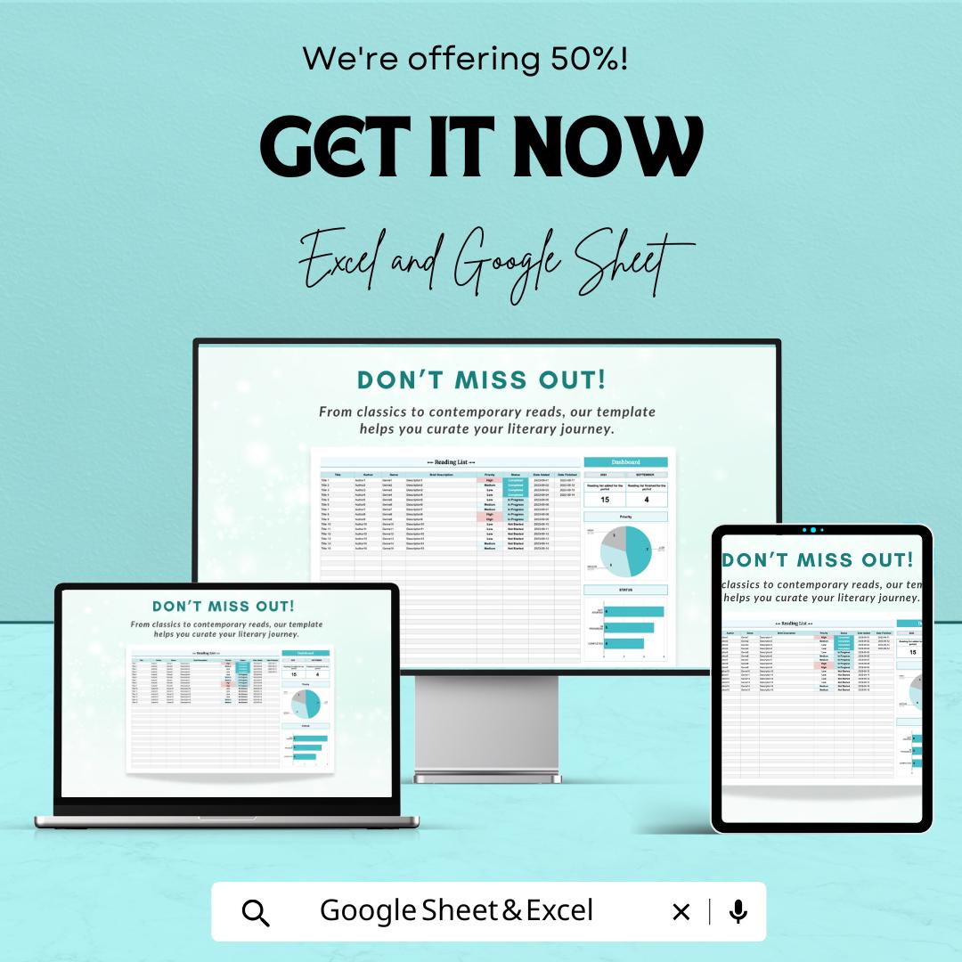 Reading List Sheet | Excel & Google Sheets | Book Tracker Dashboard | Reading Log Template | Digital Reading Planner
