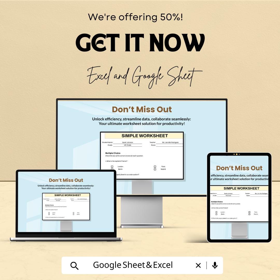 Simple Editable Worksheet Template | Google Sheets & Excel | Classroom Quiz Form | Homeschool Assignment | Digital Download