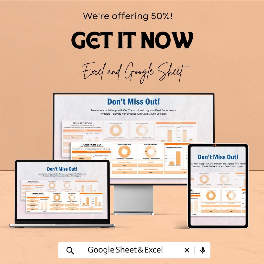Fleet Performance Dashboard | Transport and ogistics Analytics Spreadsheet | Vehicle KPI Tracker | Google Sheets & Excel Template