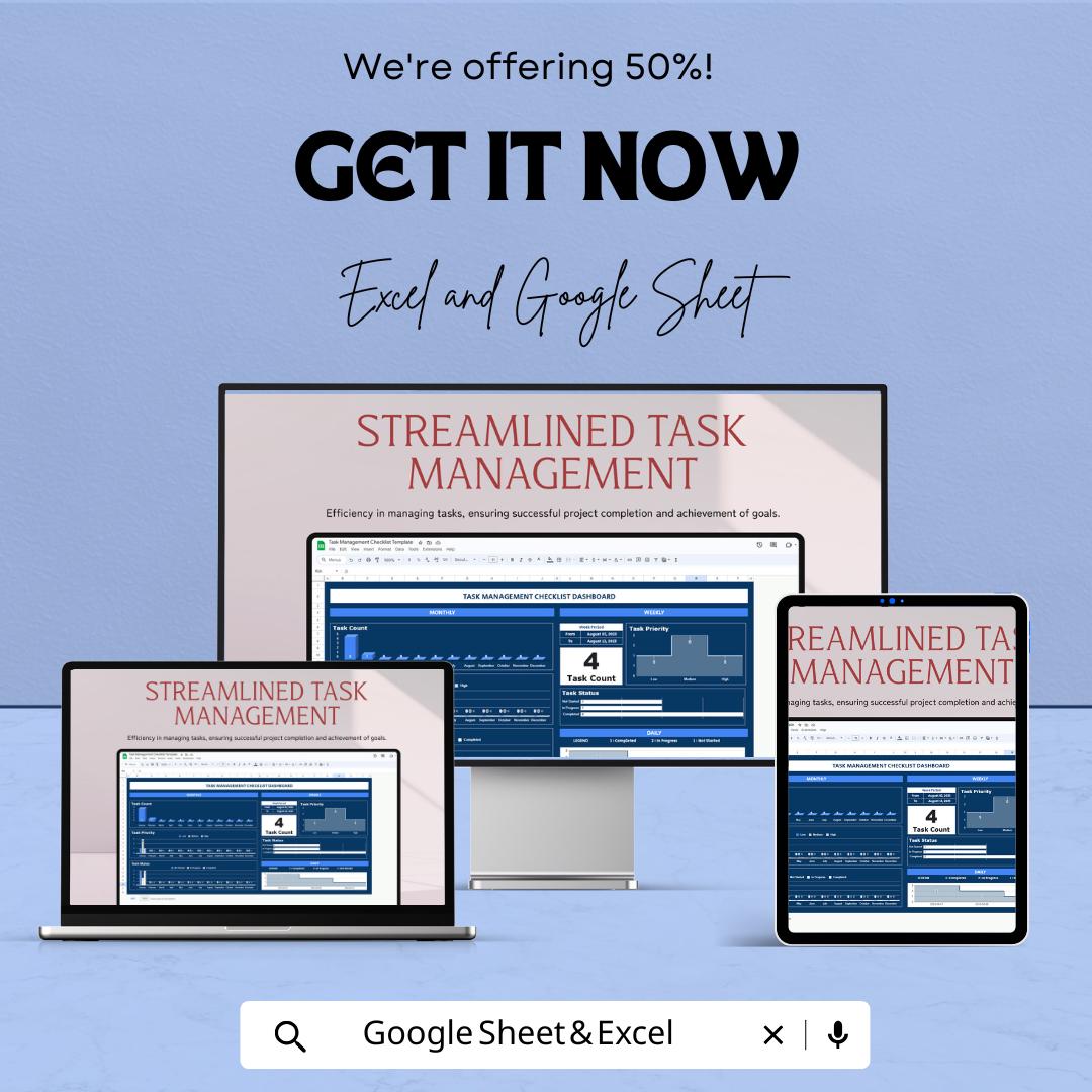 Task Management Checklist Spreadsheet | Excel & Google Sheets Dashboard | Daily Weekly Monthly Task Tracker | Digital Planner