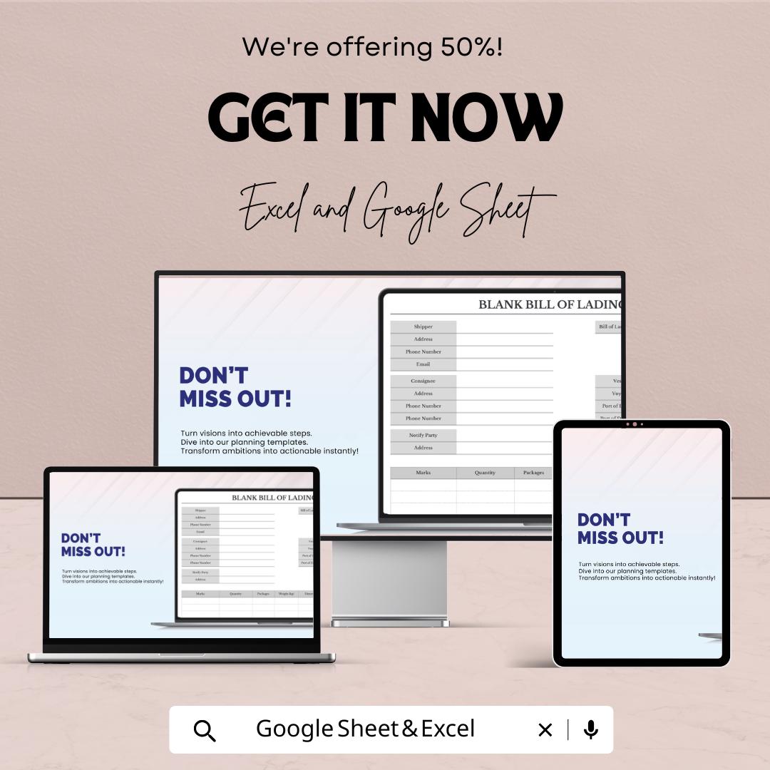 Blank Bill of Lading Sheet | Excel and Google Sheets Template | Shipping, Freight & Transport Documentation | Instant Download