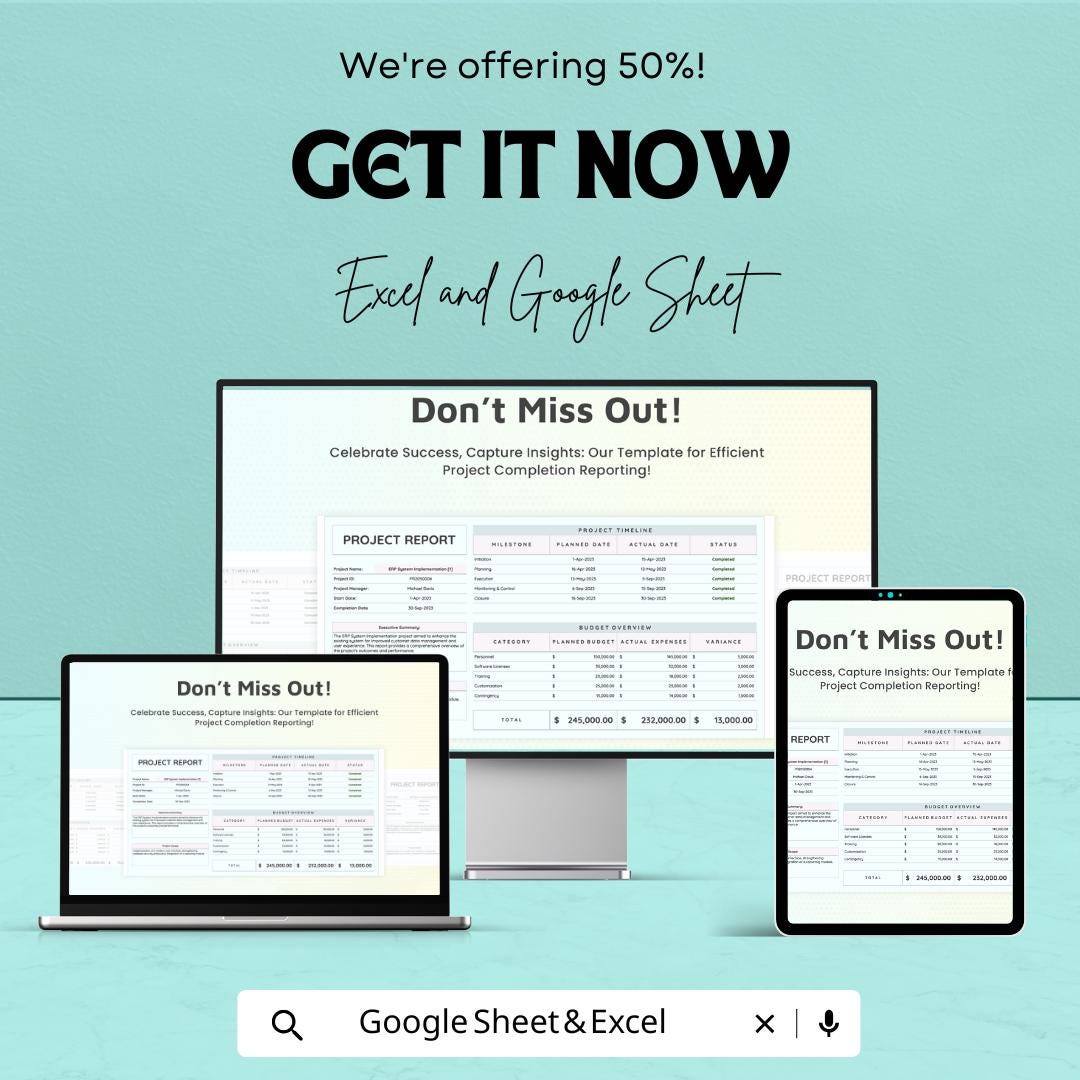 Project Completion Report Sheet | Excel & Google Sheets Template | Track Project Milestones, Budget, and Completion Status |