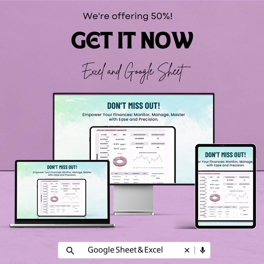 Account Management Dashboard | Google Sheet Template for Finance, Sales & Performance Tracking | Monitor Revenue and Accounts Effectively