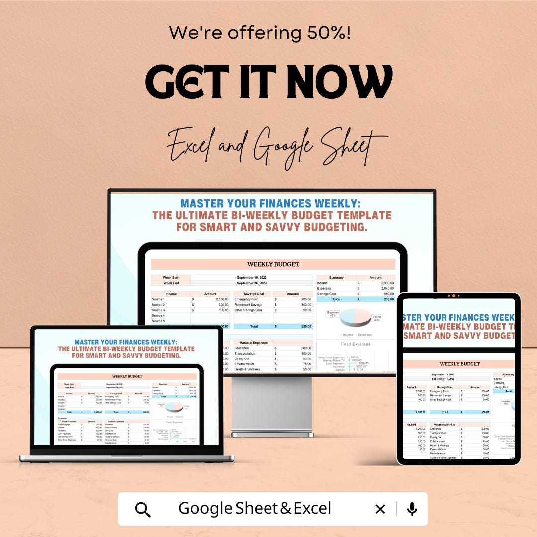 Weekly, Bi-Weekly Budget Sheet | Excel and Google Sheets | Budget Planner Template | Income and Expense Tracker | Digital Finance Tool