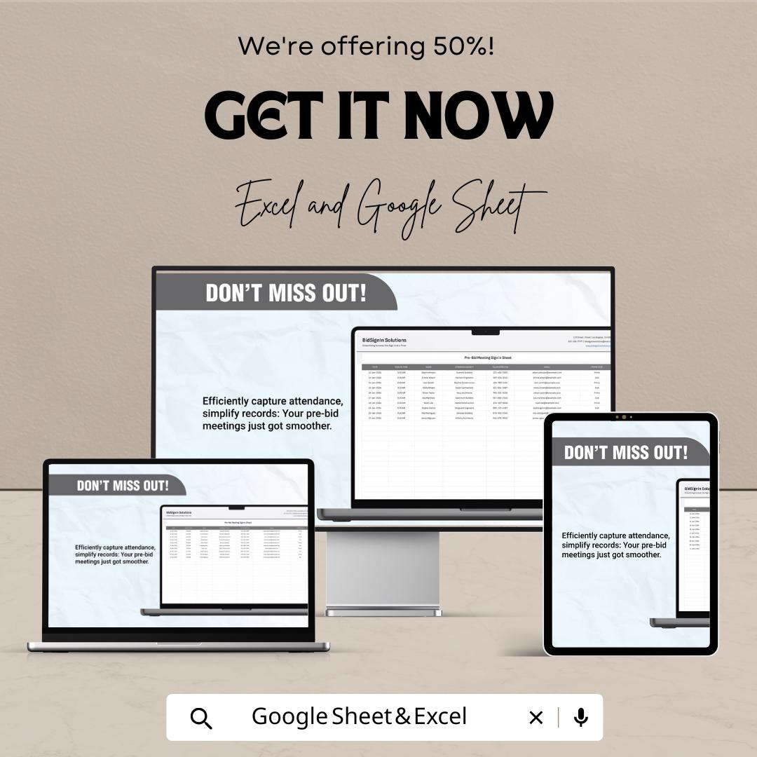Pre-Bid Meeting Sign-In Sheet | Excel and Google Sheet | Efficient Attendance Tracker for Bids | Customizable & Exportable |