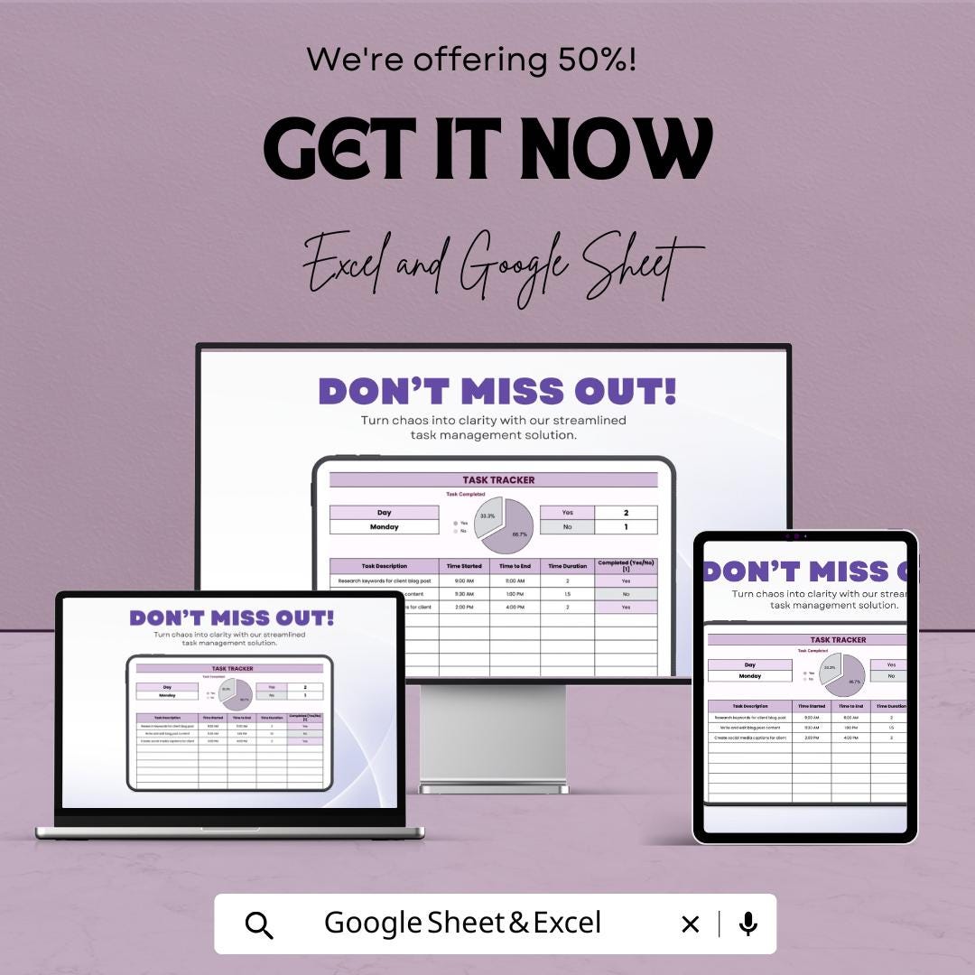 Daily Task Tracker Sheet - Task Management Template | Excel and Google Sheet | Get Organized & Stay Productive | Printable Checklist