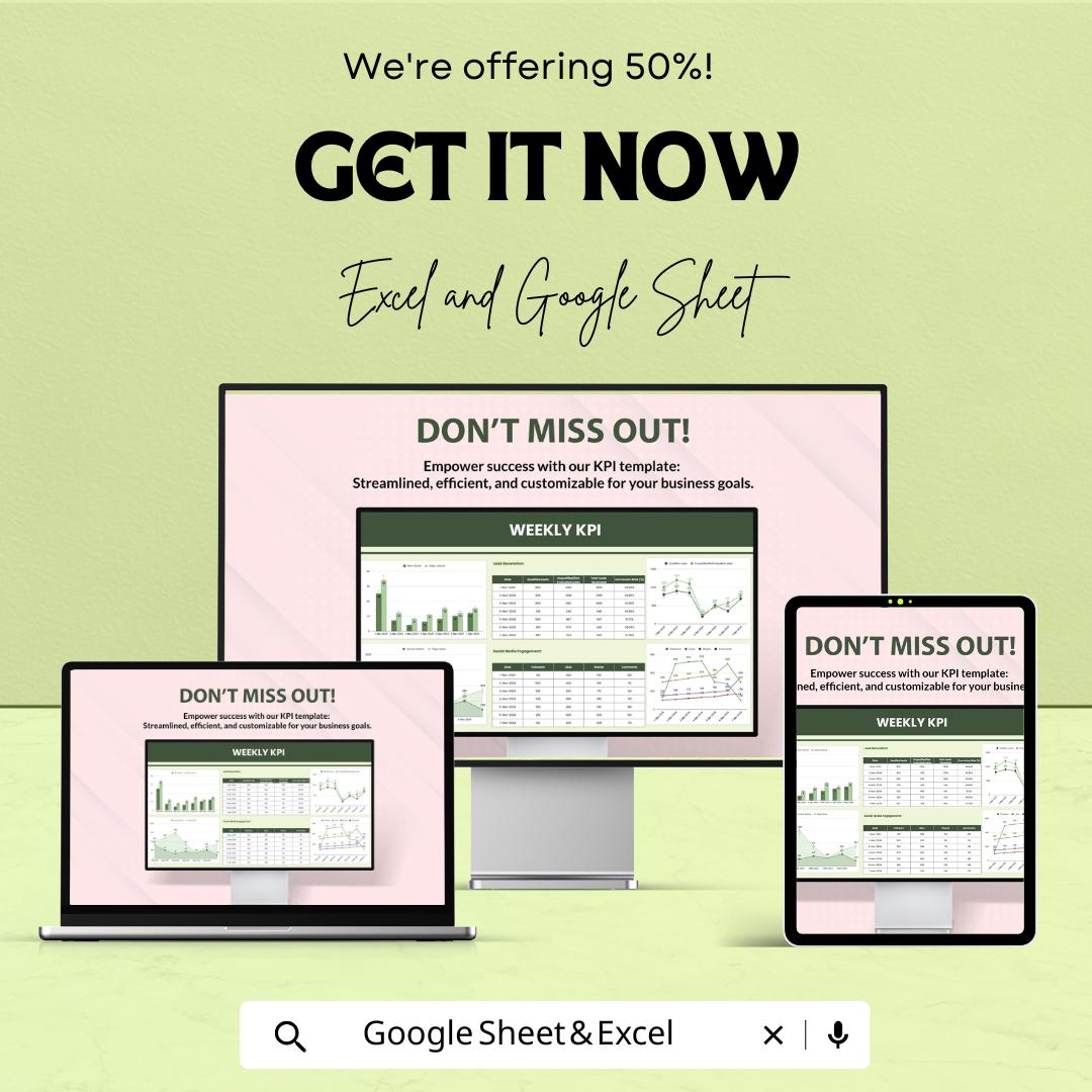 Weekly KPI Tracker Sheet for Excel and Google Sheets | Performance Metrics | Business Goals Tracker | Customizable & Easy-to-Use Template