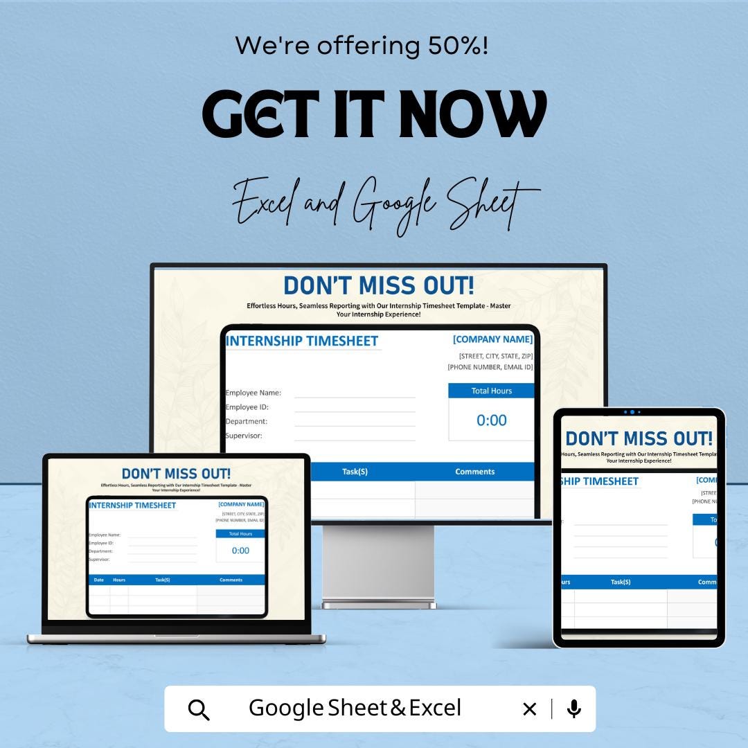 Internship Timesheet | Excel and Google Sheets Template | Track Hours & Tasks | Simple Internship Log | Instant Download