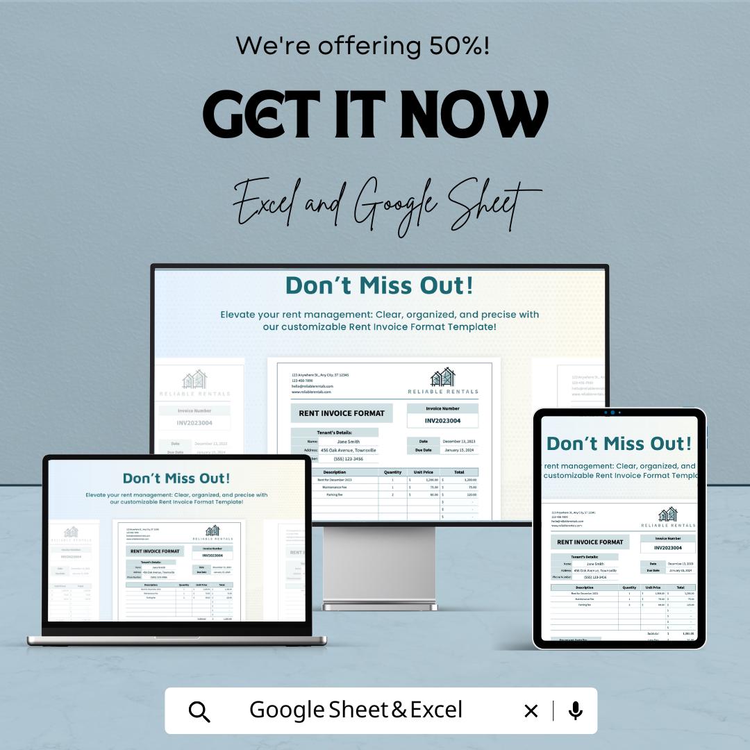Rent Invoice Format Template | Google Sheet | Tenant Rent Bill | Printable Invoice Sheet | Rental Billing Statement | Instant Download