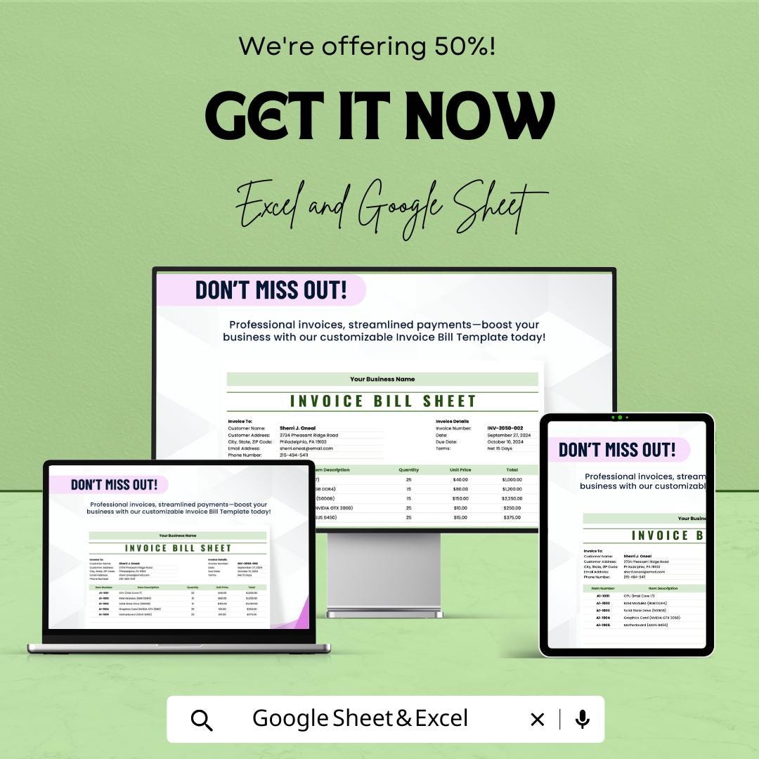 Invoice Bill Sheet for Small Business | Professional Invoice Template | Excel and Google Sheet | Customizable Billing Template