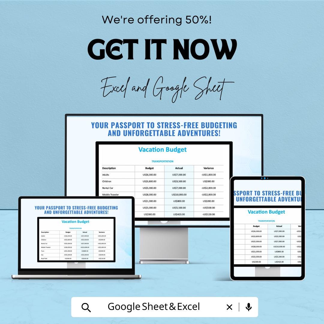 Vacation Budget Sheet | Travel Expense Tracker | Google Sheet & Excel | Trip Planner for Family, Solo, or Group Travel Budgeting