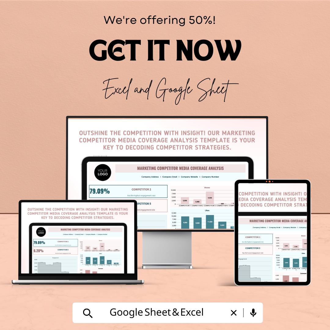 Marketing Competitor Media Coverage Analysis Sheet | Google Sheets | Media Tracking and Competitor Analysis | ROI and Engagement Metrics