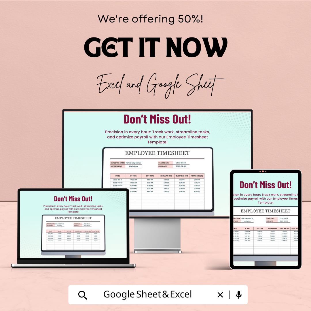 Employee Timesheet Template - Excel & Google Sheet, Time Tracking, Payroll Management, Overtime Calculation