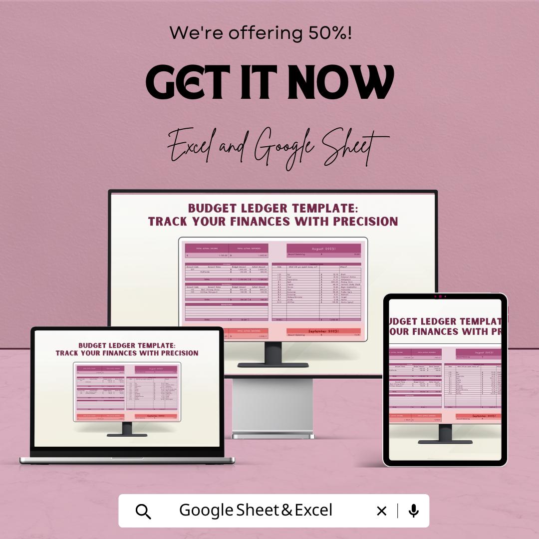 Budget Ledger Sheet - Excel & Google Sheets Template for Financial Tracking | Monthly Budget Planner, Expense Tracker, Budgeting Tool