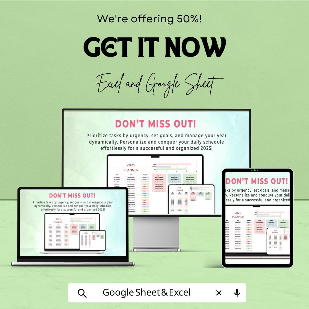 2025 Planner Sheet | Excel & Google Sheet | Task Priority, Monthly Calendar, Goal Management | Digital Download