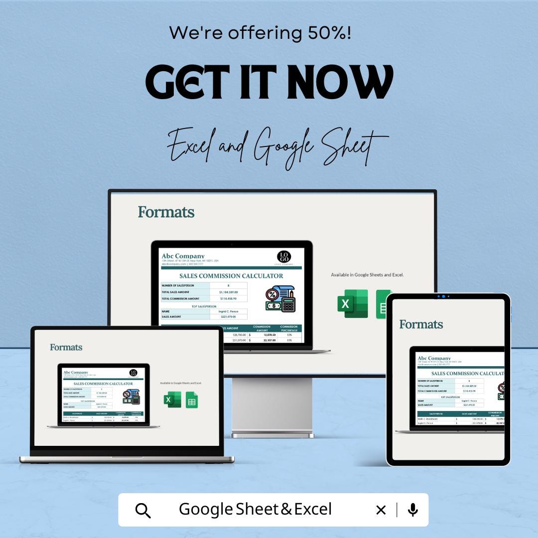 Sales Commission Calculator Sheet for Excel and Google Sheets | Track Sales & Calculate Commissions | Financial Tool for Sales Teams
