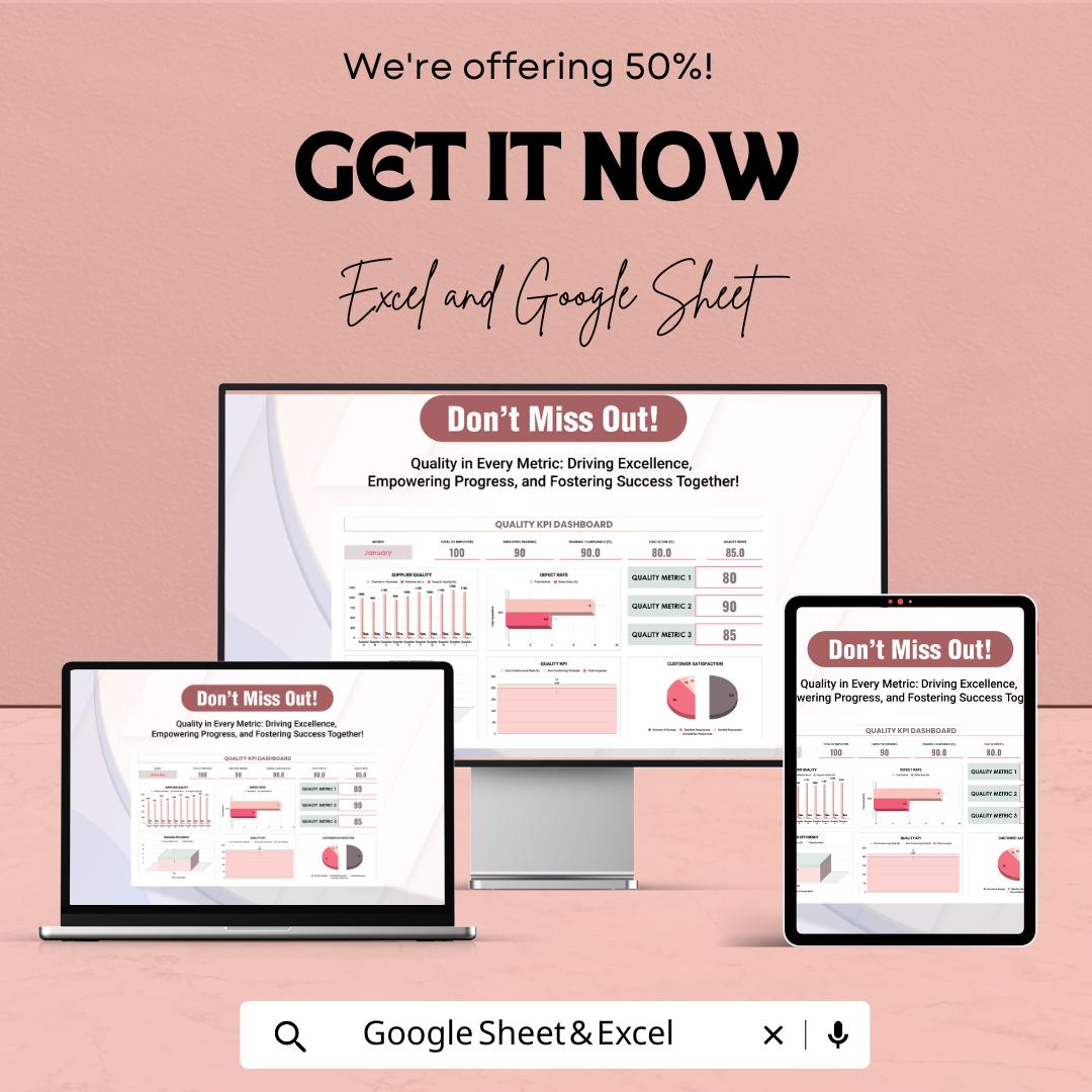 Quality KPI Dashboard Template for Performance Monitoring | Excel & Google Sheets | Track Supplier Quality, Process Efficiency |