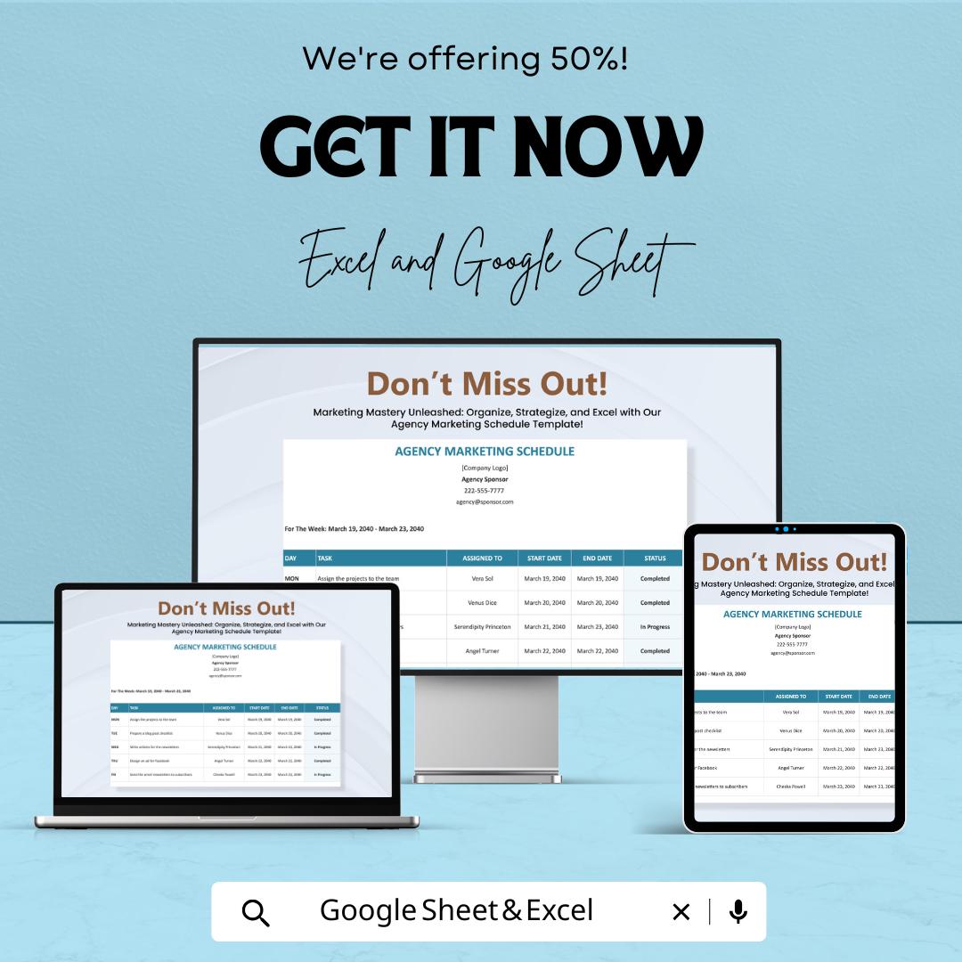 Agency Marketing Schedule Sheet | Google Sheets & Excel Template | Weekly Planner for Agencies, Task Tracker, Project Organizer