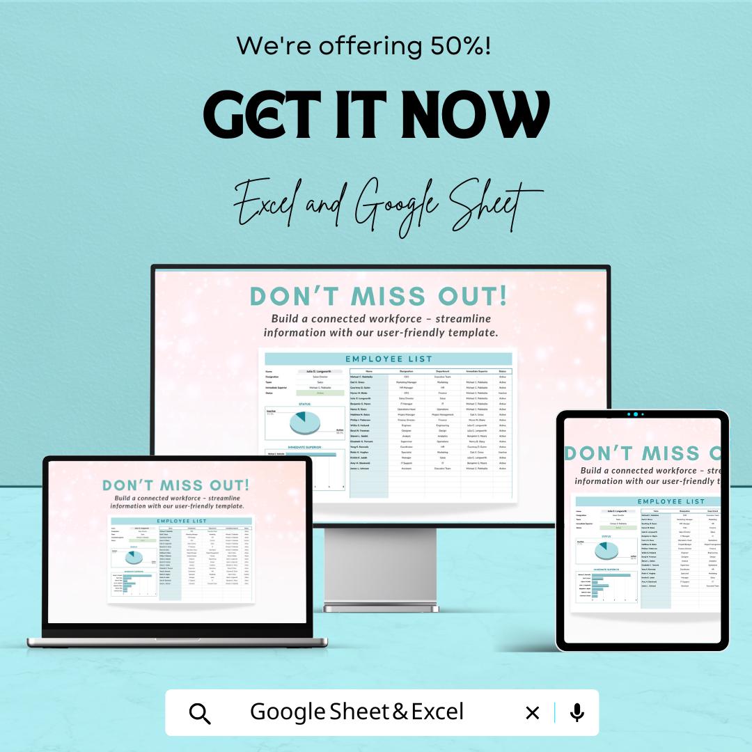 Employee List Template - Excel & Google Sheet, Employee Directory, Workforce Tracker, Customizable HR Tool