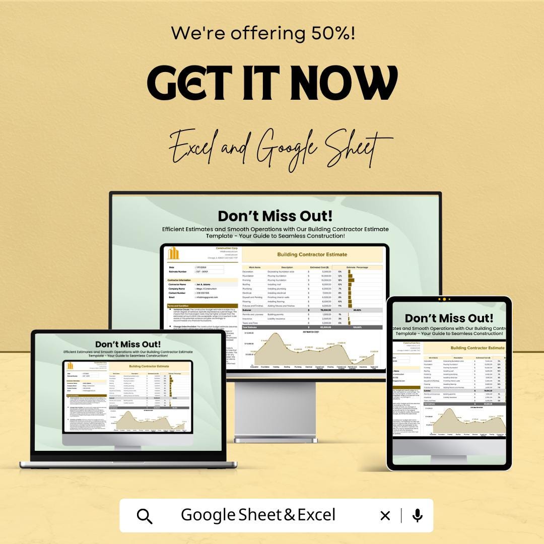 Building Contractor Estimate Sheet | Editable Excel & Google Sheet | Construction Budgeting Template | Project Cost Estimator
