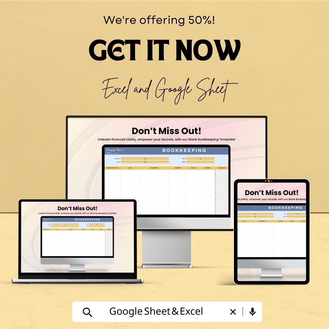 Blank Bookkeeping Spreadsheet Template | Google Sheets & Excel | Income Expense Tracker | Business Finance Log | Editable Accounting Sheet