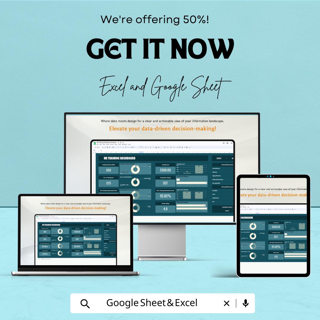 HR Training Dashboard Sheet | Employee Training Metrics | Google Sheet and Excel Template | Track Training Effectiveness & Employee Progress