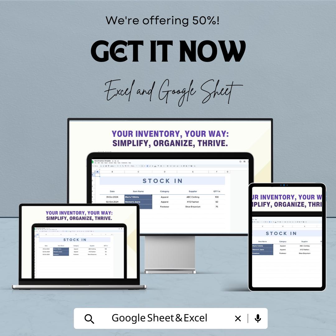 Store Inventory Sheet – Editable Excel & Google Sheet Template | Stock Tracking Dashboard | Quantity In/Out Tracker for Retail