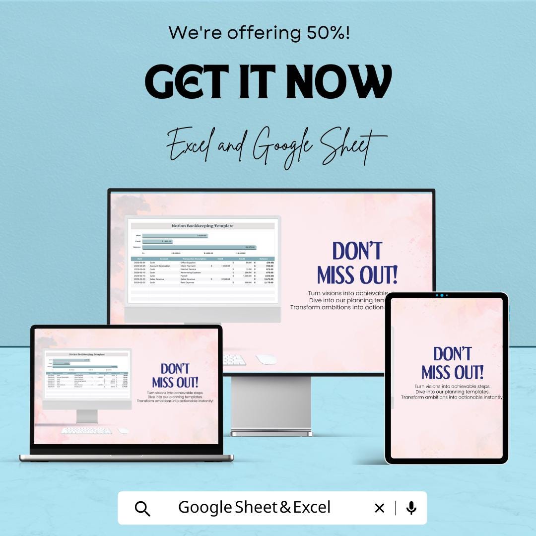 Notion Bookkeeping Sheet | Excel and Google Sheets Template | Business Finance Tracker | Debit Credit Ledger | Instant Download