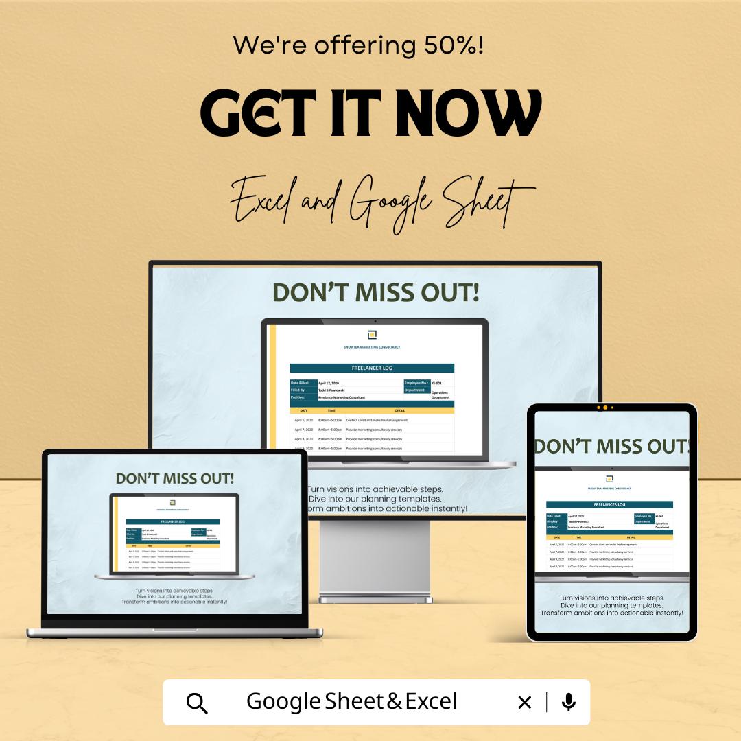 Simple Freelancer Log Template | Time Tracker Sheet | Excel & Google Sheets | Editable Download | 50% Off