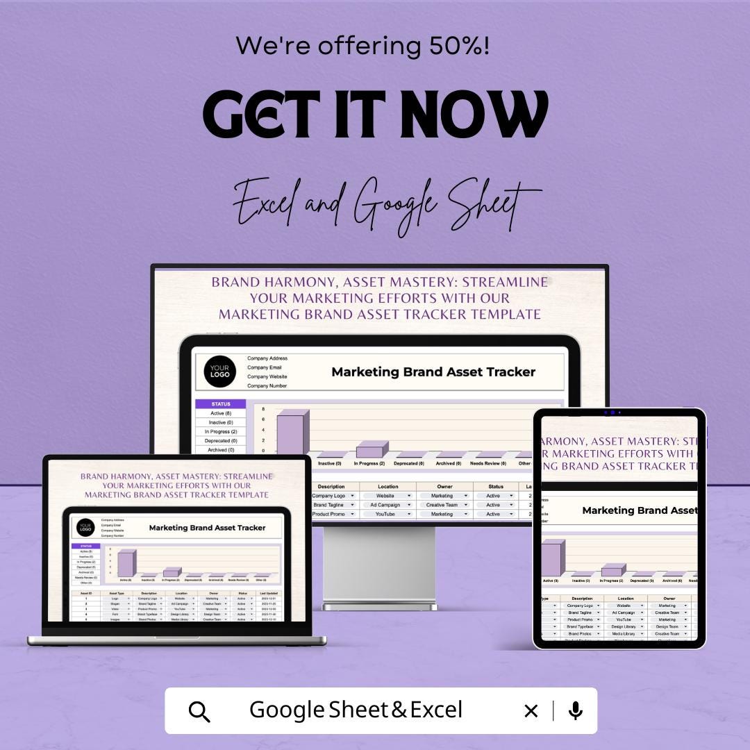 Marketing Brand Asset Tracker Sheet | Excel & Google Sheet | Brand Asset Management Template | Brand Tracker Spreadsheet