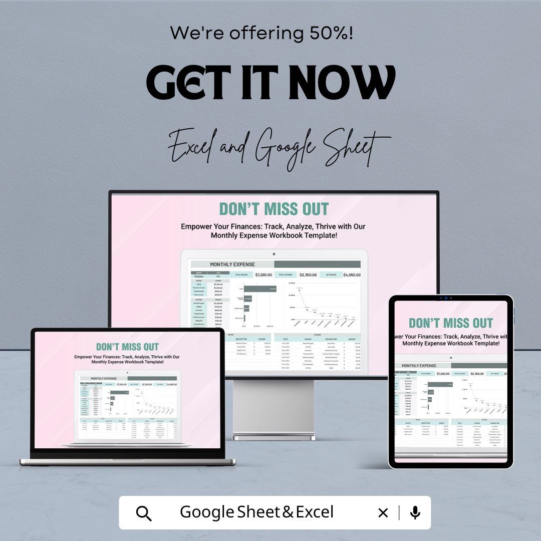 Monthly Expense Workbook Sheet – Excel & Google Sheets – Budget Planner for Tracking Expenses and Income – Personal Finance Spreadsheet