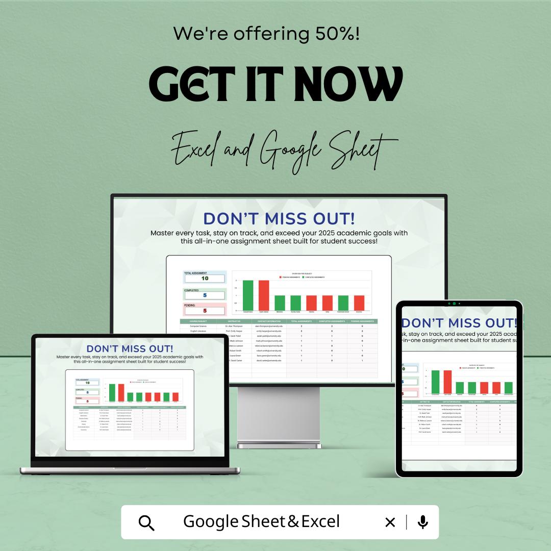 Assignment Tracker Sheet | Excel & Google Sheet | Task and Deadline Management Template