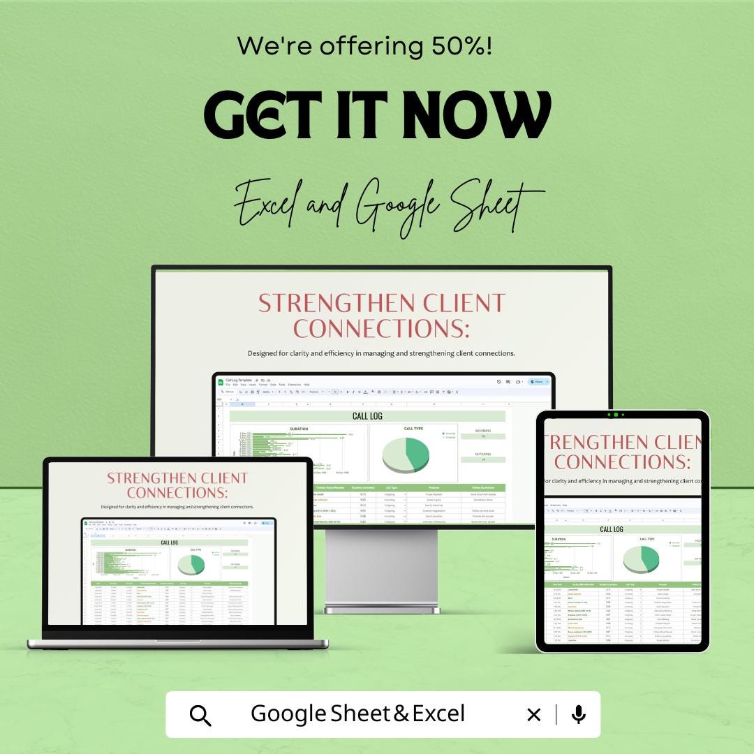 Call Log Sheet | Google Sheets & Excel Template | Client Call Tracker with Duration Graph, Call Type Chart, CRM Log for Business
