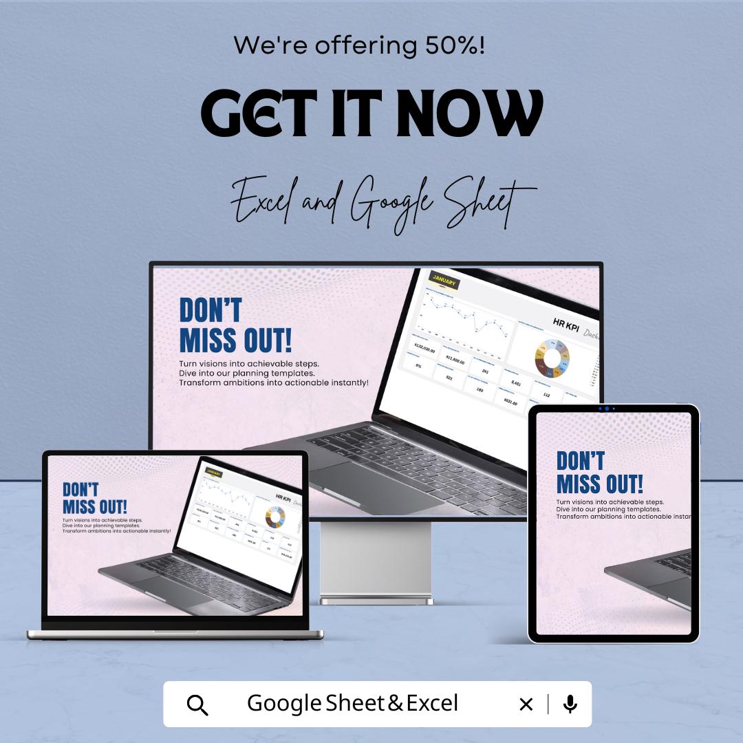 KPI Dashboard Template - Google Sheet and Excel - Employee Performance and Metrics Tracker - KPI Dashboard Sheet - HR Analytics Tool