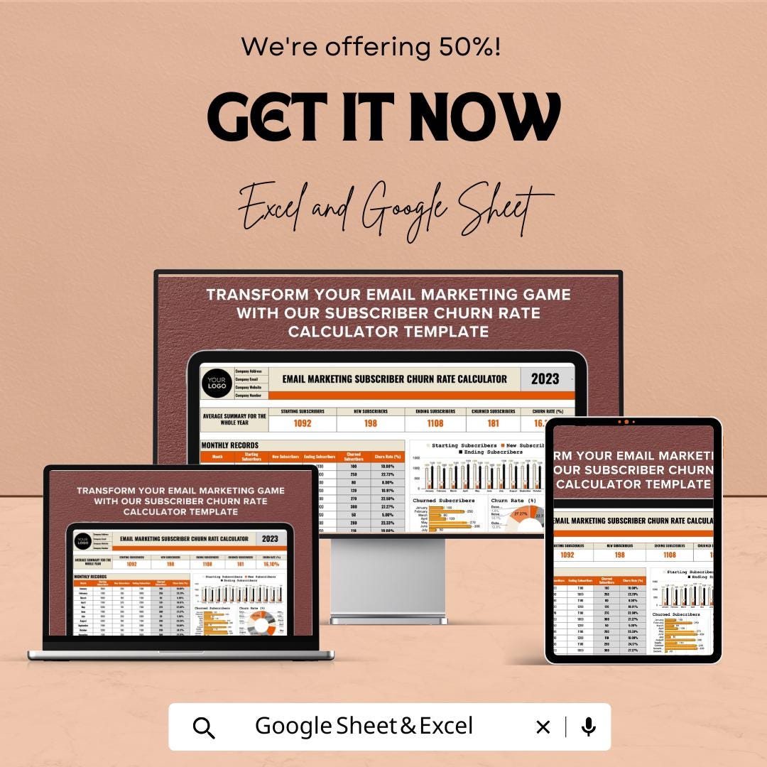 Email Marketing Subscriber Churn Rate Calculator | Google Sheet and Excel Template | Track Monthly Churn Rate & New Subscribers