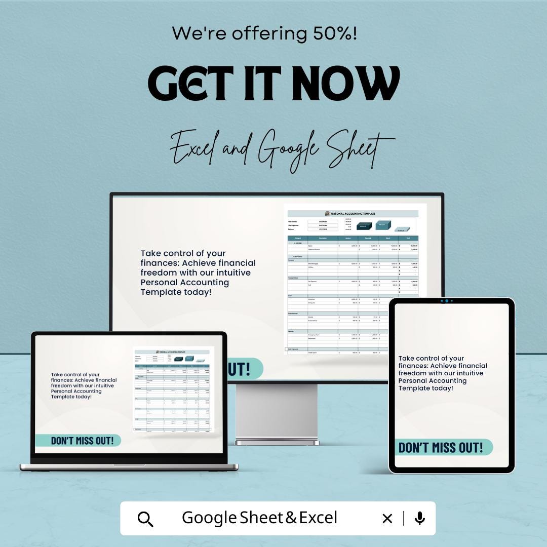 Personal Accounting Sheet | Budget Tracker | Excel & Google Sheets | Income Expense Tracker | Finance Planner Spreadsheet