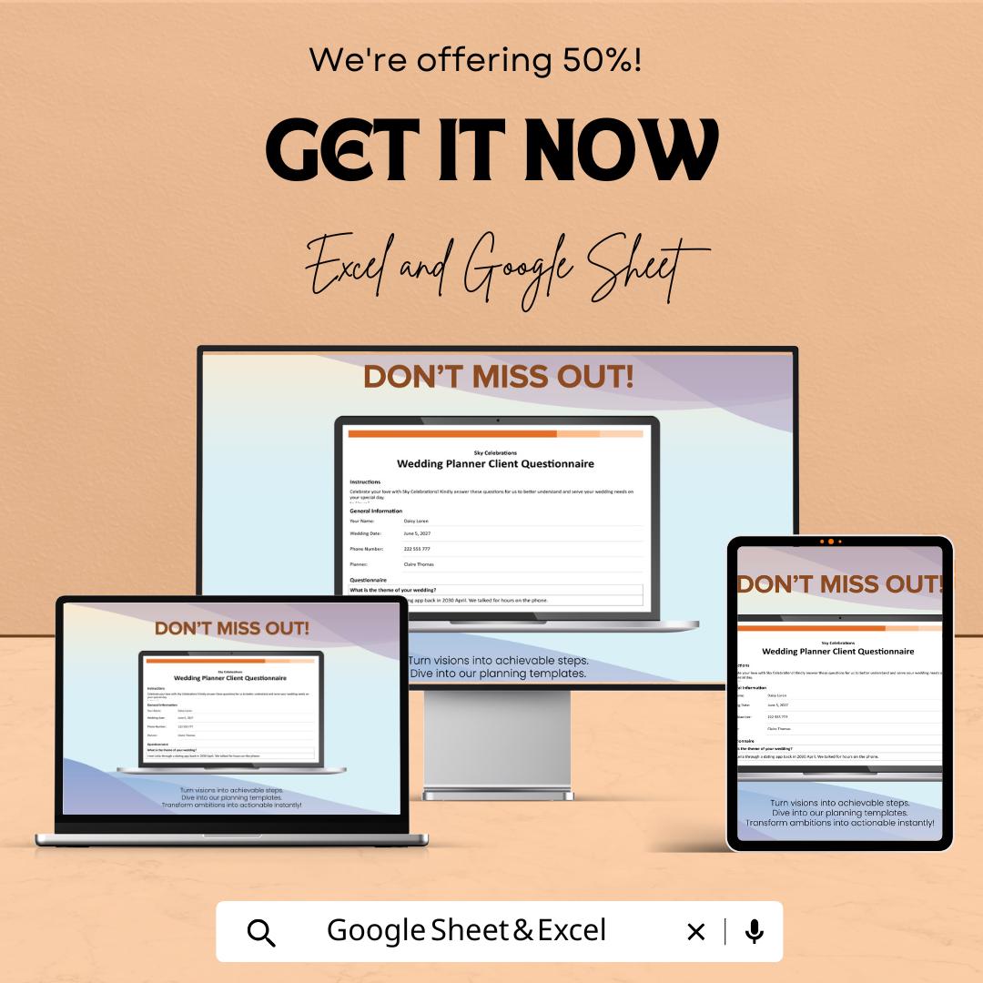 Wedding Planner Client Questionnaire Sheet | Editable Google Sheet & Excel Template | Event Planning Form | Wedding Client Intake Form