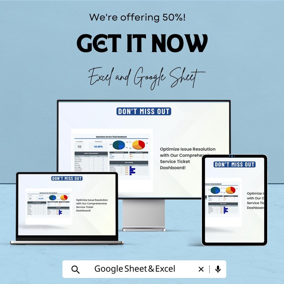 Operations Service Ticket Dashboard | Excel & Google Sheets | Helpdesk Tracker | Performance Metrics Sheet | Issue Resolution Log