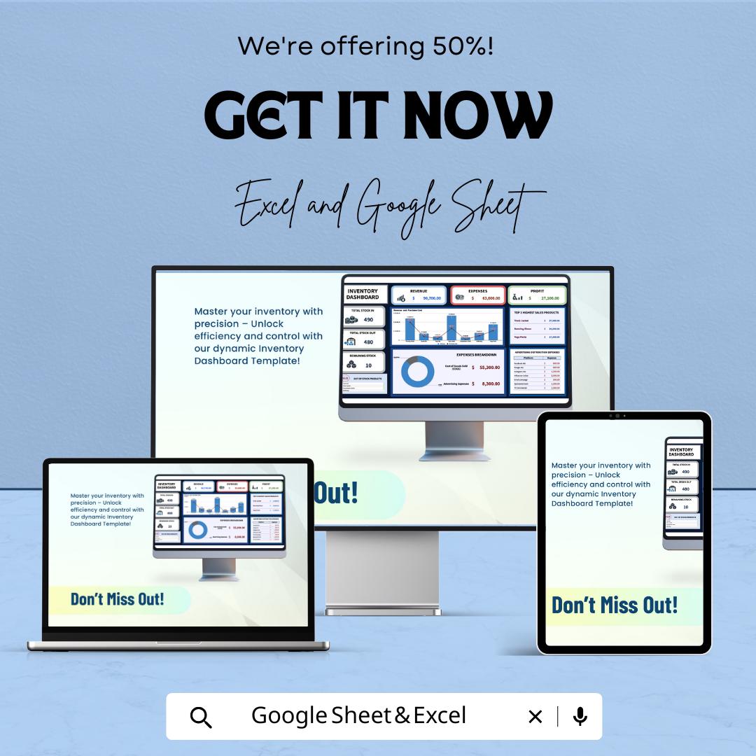 Inventory Dashboard for Excel & Google Sheets | Track Stock, Revenue and Expenses | Dynamic Business Management Tool