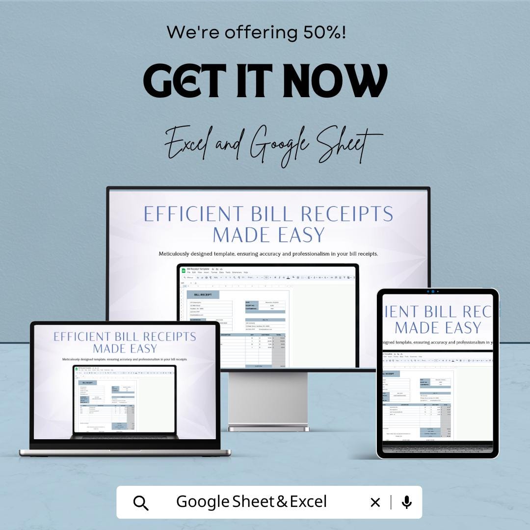 Editable Bill Receipt Template | Excel & Google Sheet | Printable Business Invoice | Custom Billing Tracker | Digital Download