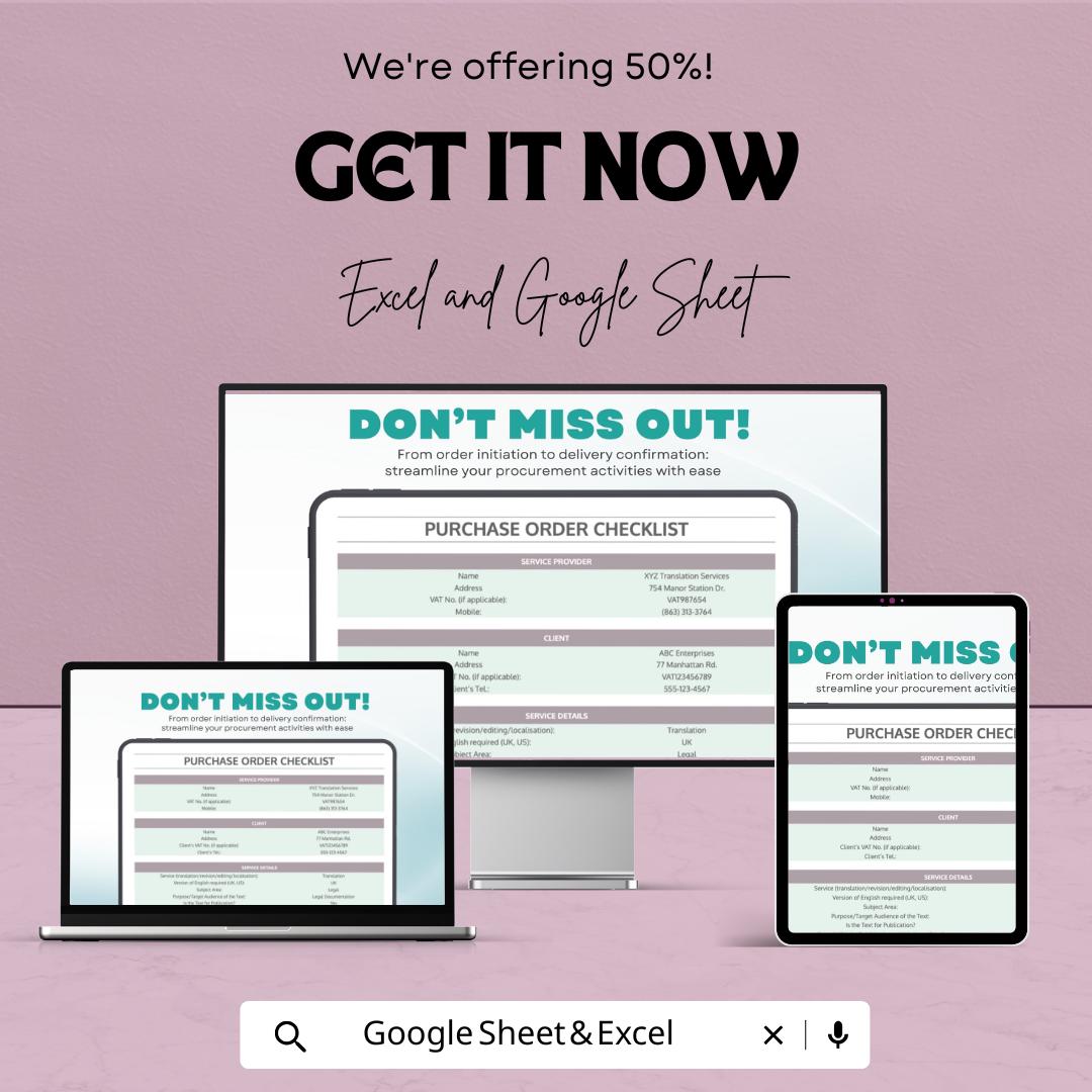 Purchase Order Checklist Template | Google Sheets & Excel | Procurement Form | Order Tracking Sheet | Editable Instant Download