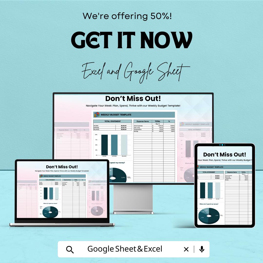 Weekly Budget Sheet | Editable Budget Planner Template | Google Sheet & Excel | Expense Tracker | Financial Planner | Money Tracker