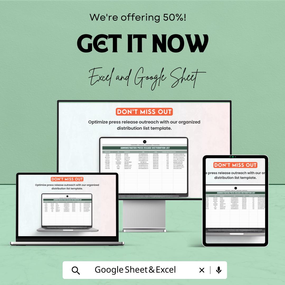 Administration Press Release Distribution List | Excel & Google Sheets Template | Media Contact Tracker | Editable Stakeholder List