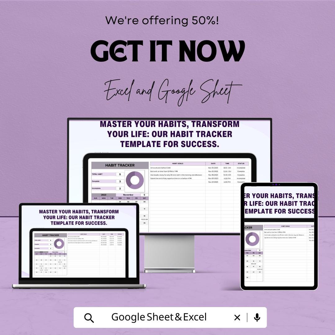 Habit Tracker Sheet - Excel and Google Sheet Template for Goal Tracking and Habit Building - Track Your Daily Habits & Achieve Your Goals