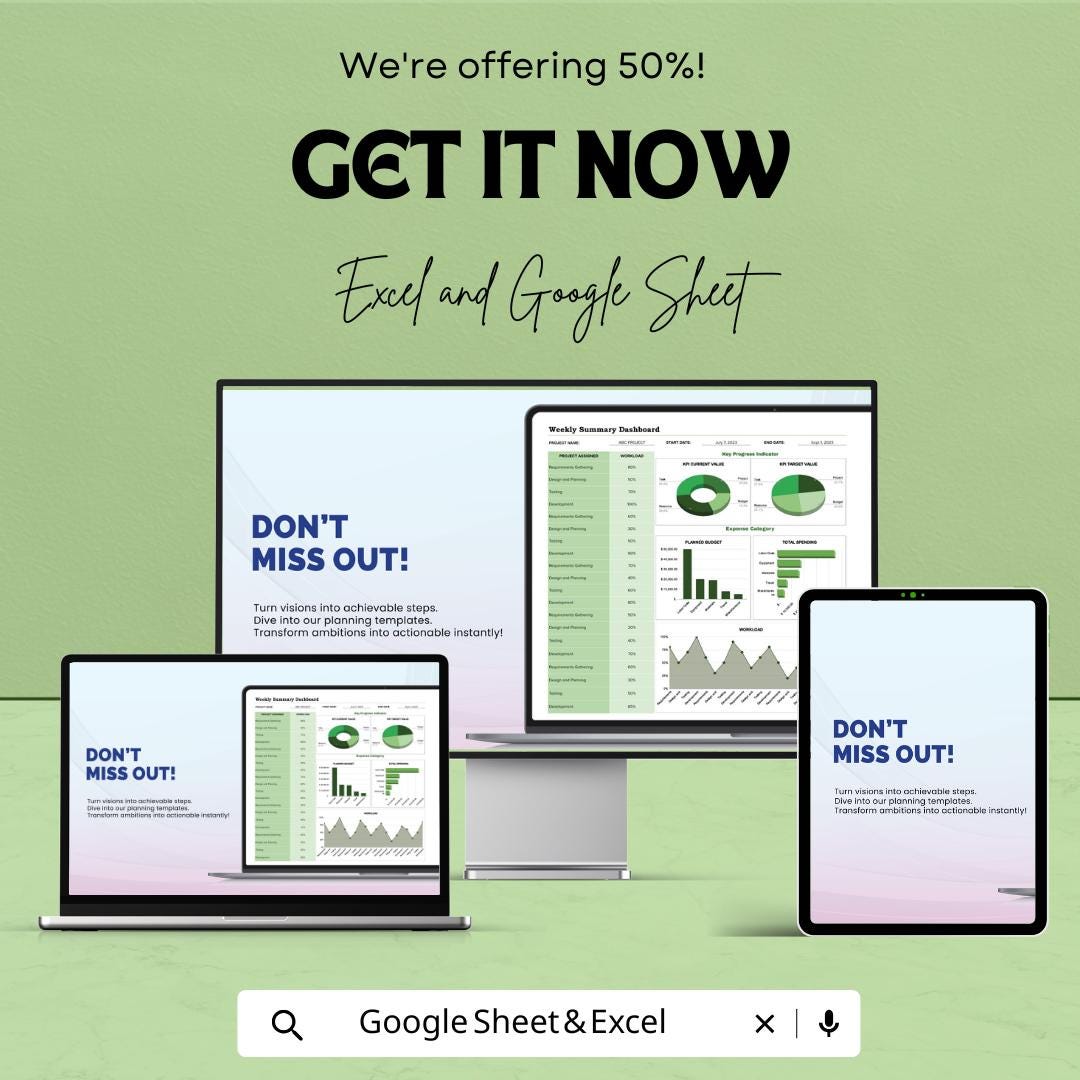 Weekly Dashboard Sheet | KPI Summary Tracker | Google Sheets & Excel Template | Business Progress Report | Project Status Dashboard