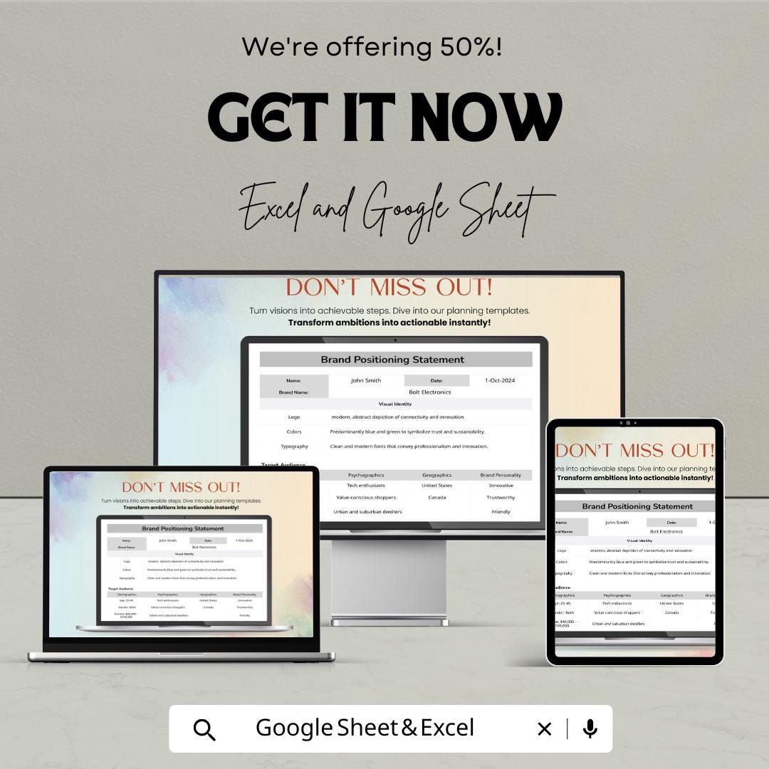Brand Positioning Statement Template | Google Sheets & Excel | Brand Strategy Planner | Marketing Identity Sheet | Editable Business Tool