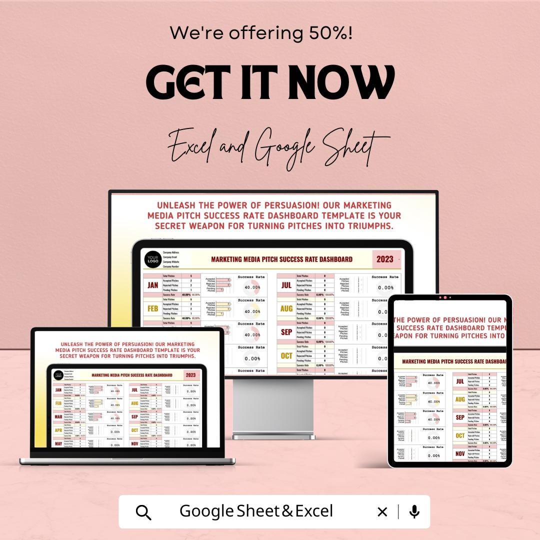 Marketing Media Pitch Success Rate Dashboard | Excel and Google Sheets | Track Media Pitches & Success | Marketing Template for Campaigns