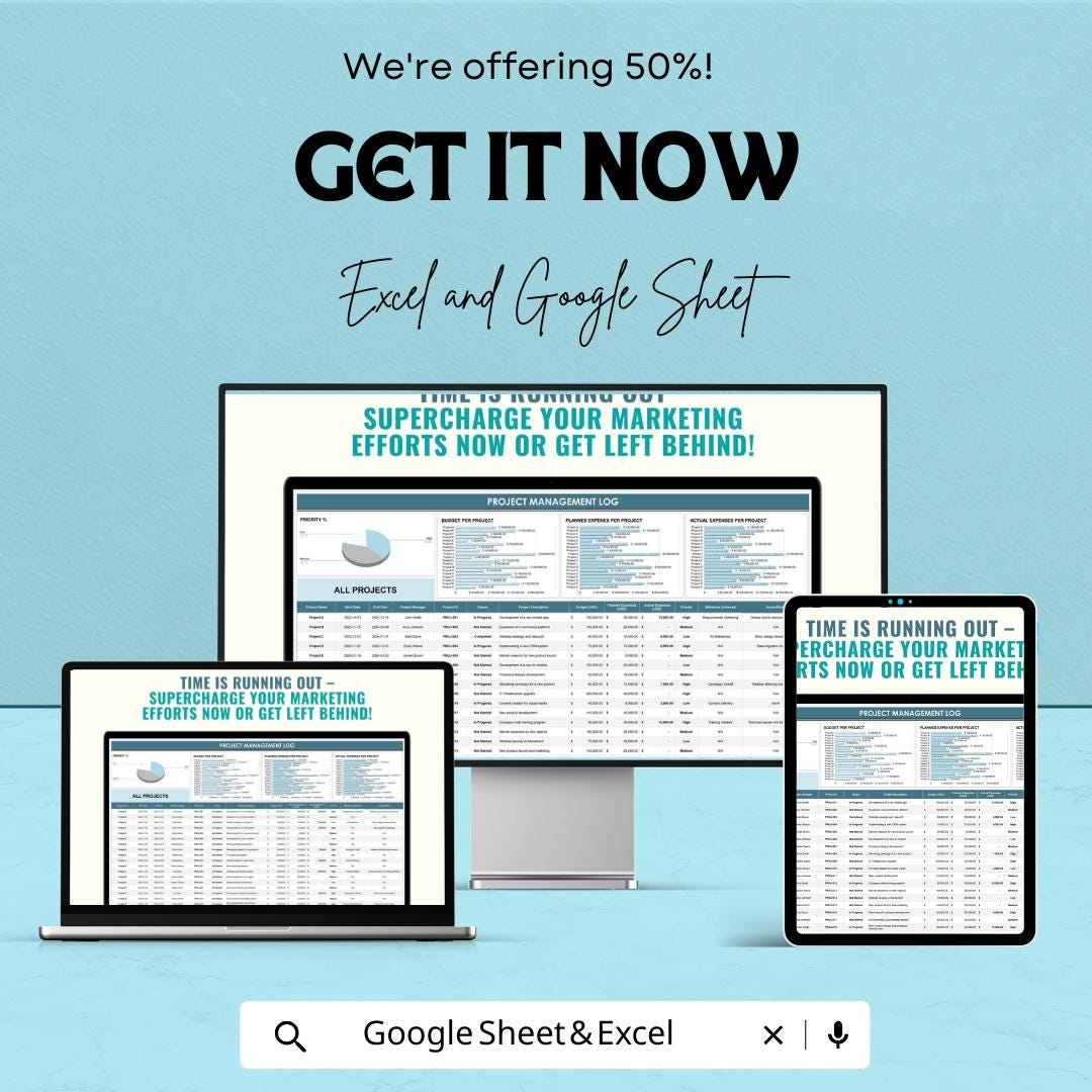Project Management Log Sheet | Excel and Google Sheets Template | Track Projects, Budget & Expenses | Project Planning and Task Tracker