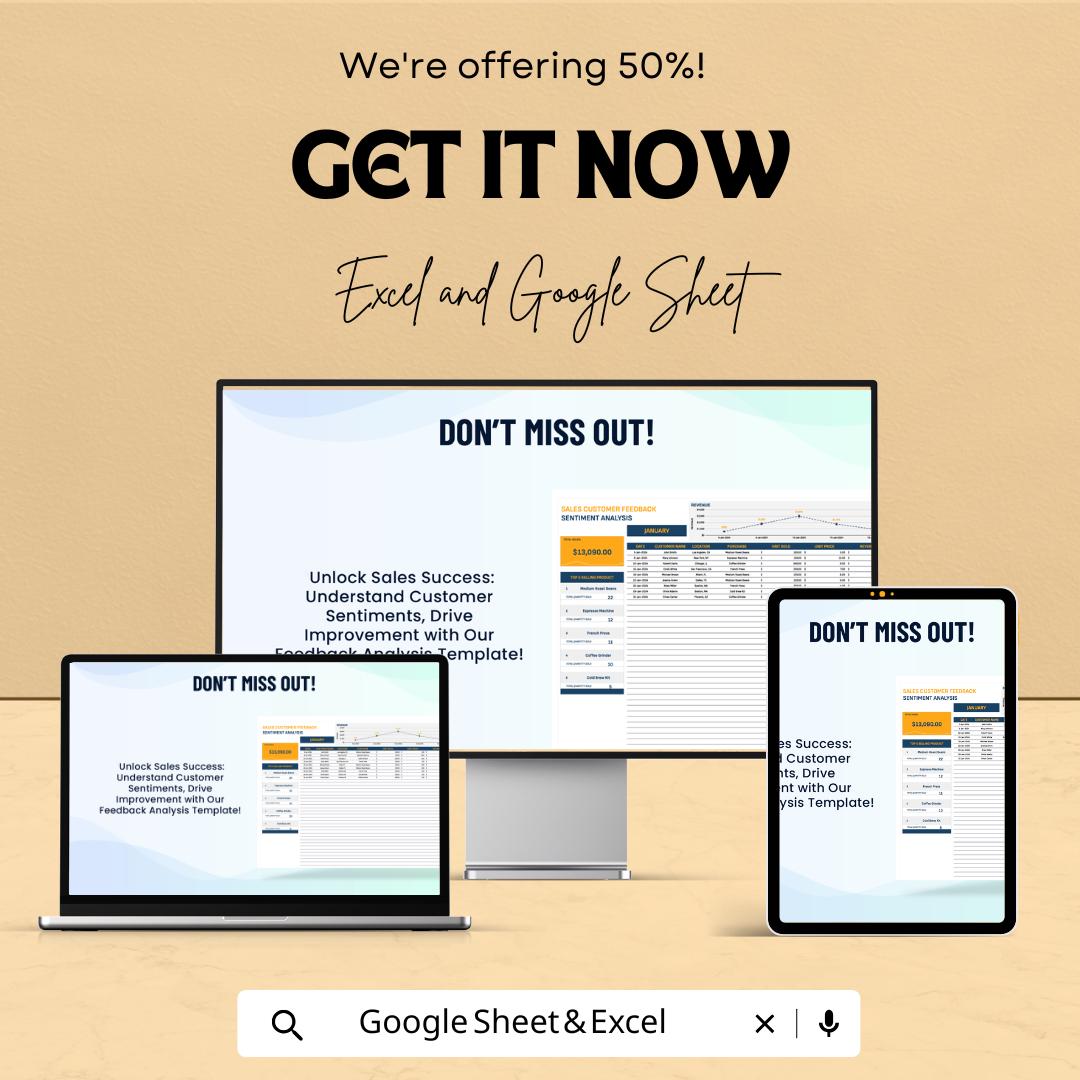 Sales Customer Feedback Sentiment Analysis Template, Customer Review Tracker, Business Analytics Spreadsheet