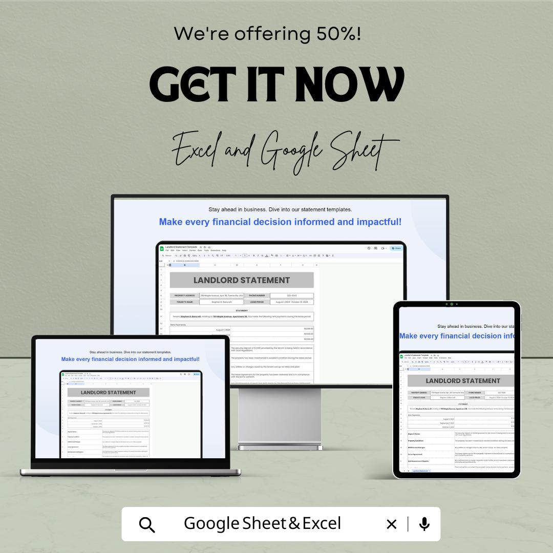 Landlord Statement Template | Rental Payment Tracker | Tenant Billing Sheet | Excel & Google Sheet